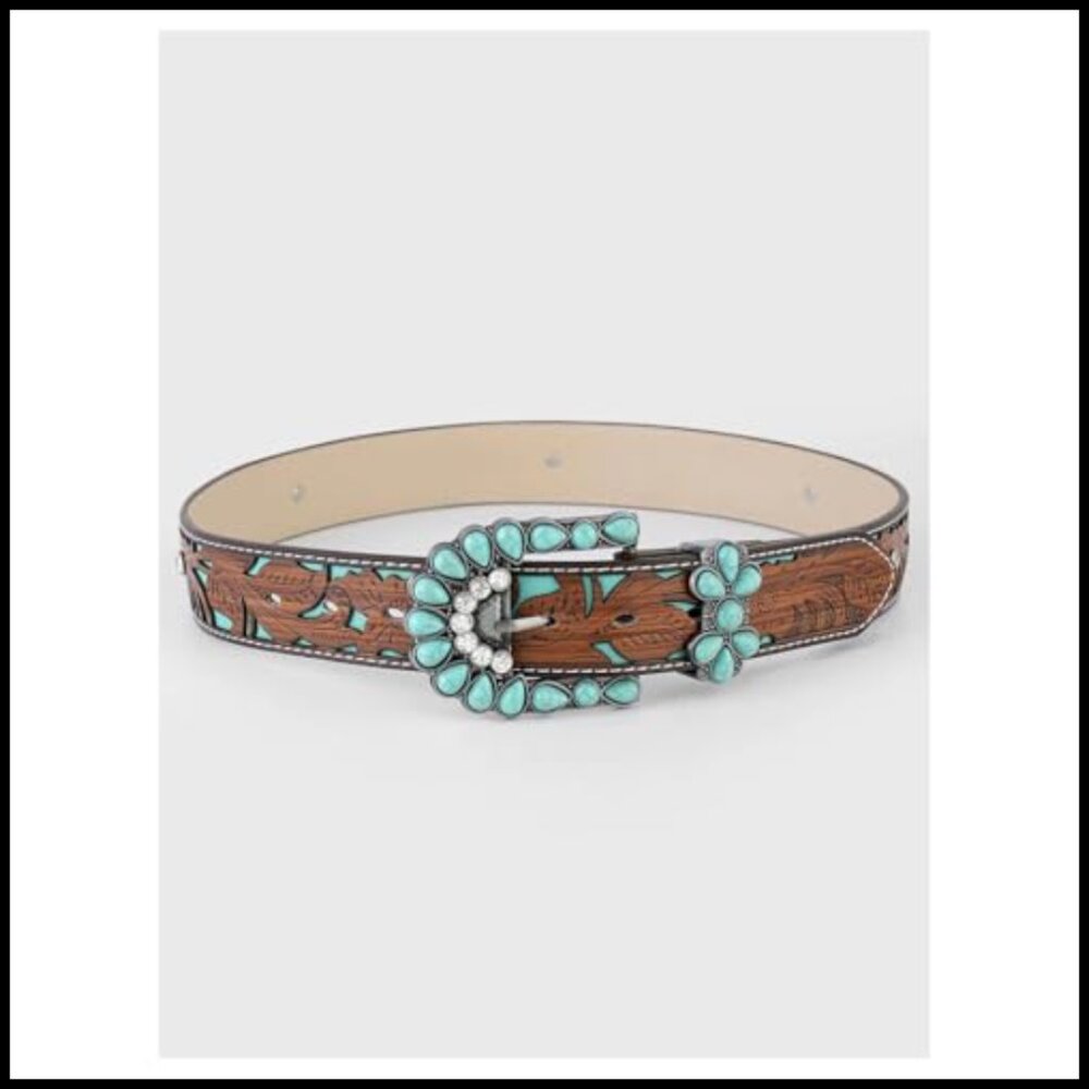 Western Belt with Turquoise Embellishments Boho Chic Buckle Waist Accessory - Picture 2 of 3